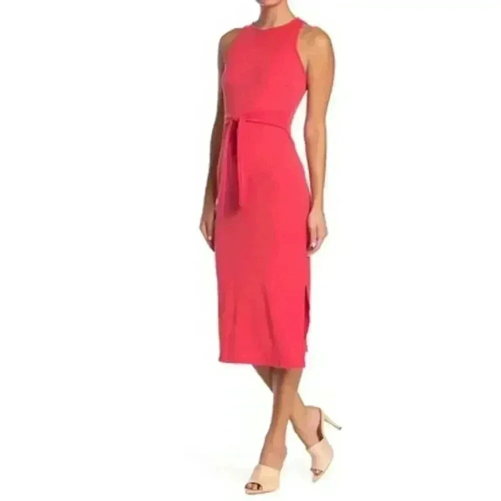 GOOD LUCK GEM Ribbed Tie Waist‎ Slit Midi Dress